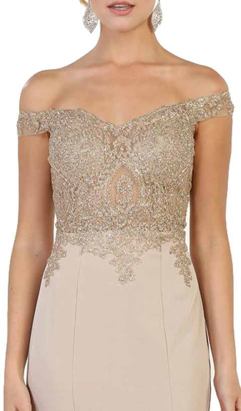 Off Shoulder Appliqued Fitted Prom Dress - May Queen RQ7586