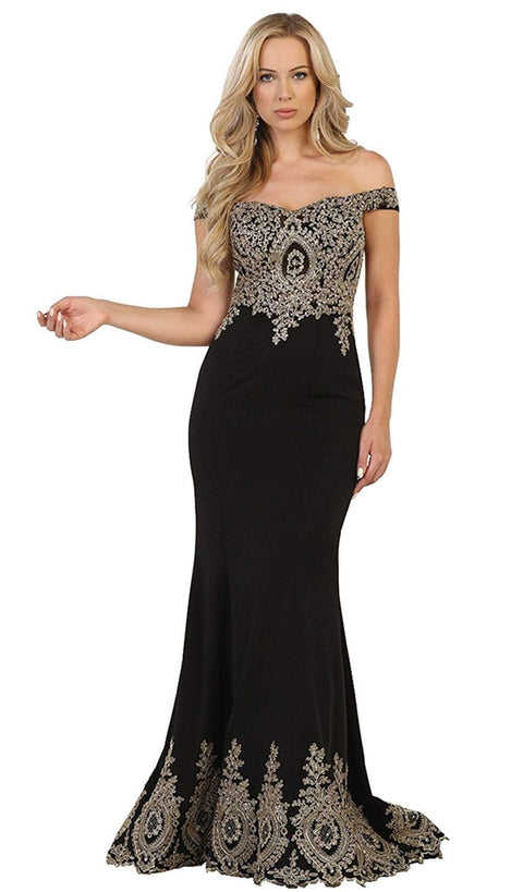 Off Shoulder Appliqued Fitted Prom Dress - May Queen RQ7586