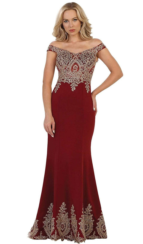 Off Shoulder Appliqued Fitted Prom Dress - May Queen RQ7586