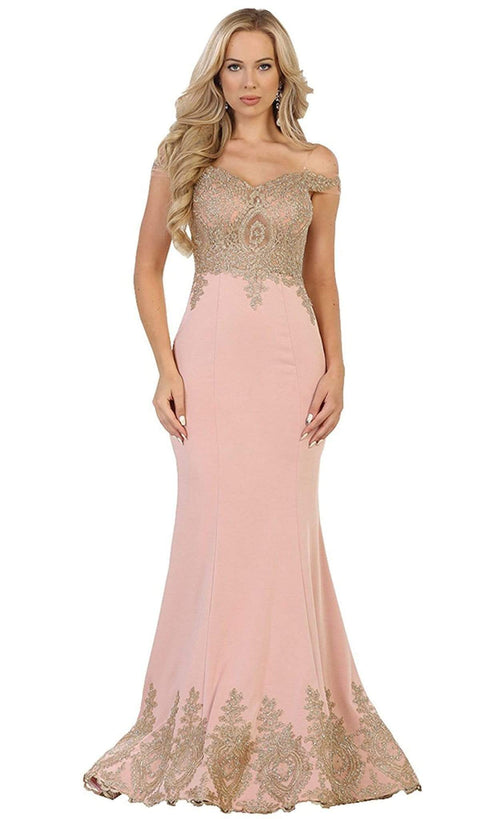 Off Shoulder Appliqued Fitted Prom Dress - May Queen RQ7586