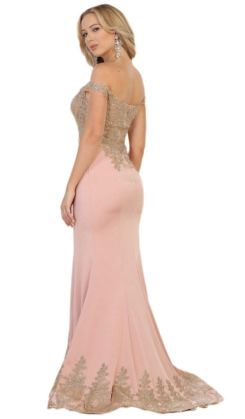 Off Shoulder Appliqued Fitted Prom Dress - May Queen RQ7586