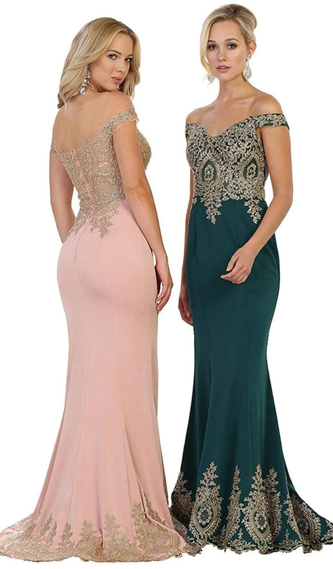 Off Shoulder Appliqued Fitted Prom Dress - May Queen RQ7586