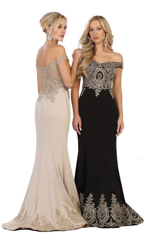 Off Shoulder Appliqued Fitted Prom Dress - May Queen RQ7586