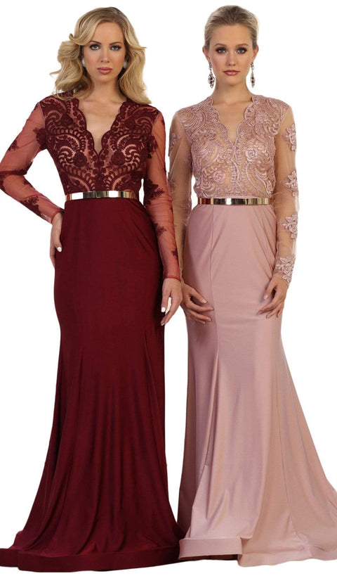 Lace Deep Scalloped V-neck Trumpet Dress - May Queen RQ7624