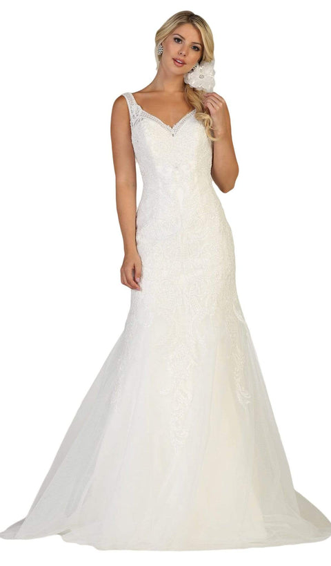 Embroidered V-neck Trumpet Dress With Train - May Queen RQ7643