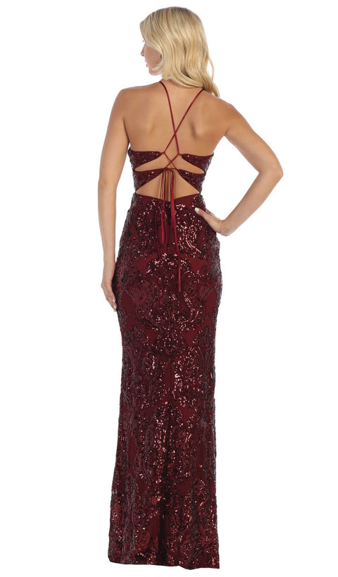 Sequined High Halter Lace-Up Gown - May Queen RQ7667