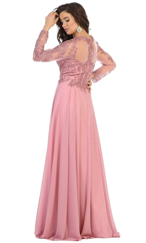 Embroidered Long Sleeve Bateau A-line Dress - May Queen RQ7732