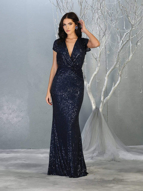 Glitter Plunging V-Neck Knotted Gown - May Queen RQ7794