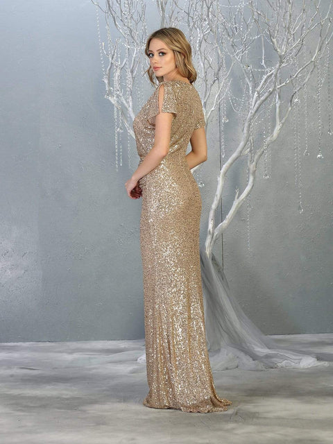Glitter Plunging V-Neck Knotted Gown - May Queen RQ7794