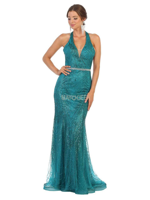 Glitter Plunging Halter Evening Dress - May Queen RQ7797