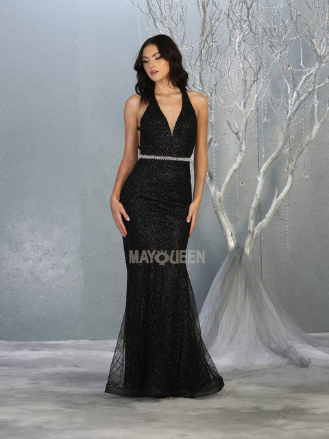 Glitter Plunging Halter Evening Dress - May Queen RQ7797