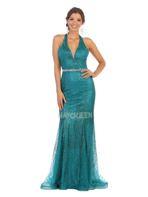 Glitter Plunging Halter Evening Dress - May Queen RQ7797