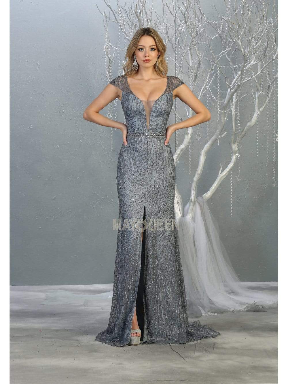 grey prom dresses with slits Custom Made A Line Gray Prom Dresses with High Slit, Gray Formal Eveni –  jbydress main image 1