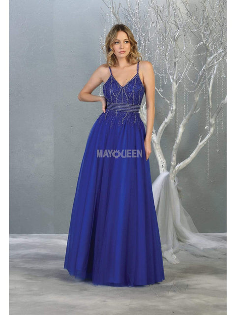 Bead Embellished Deep V-Neck A-Line Dress - May Queen RQ7841