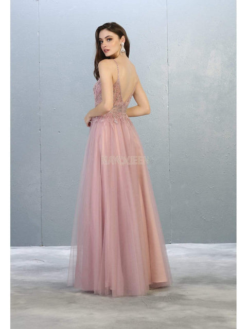 Bead Embellished Deep V-Neck A-Line Dress - May Queen RQ7841