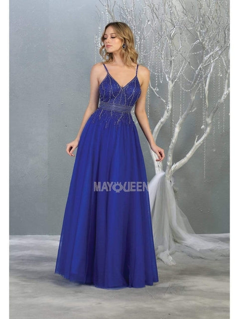 Bead Embellished Deep V-Neck A-Line Dress - May Queen RQ7841
