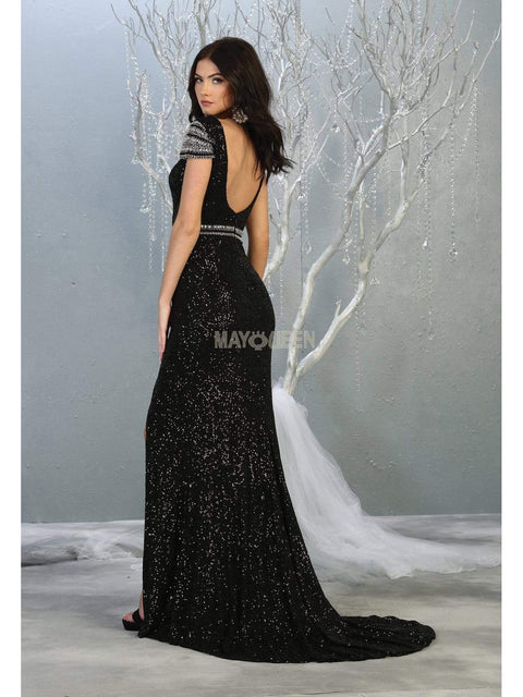 Bateau Evening Gown with Slit - May Queen RQ7848
