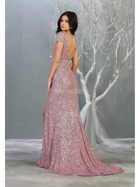 Bateau Evening Gown with Slit - May Queen RQ7848