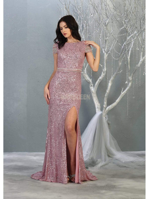 Bateau Evening Gown with Slit - May Queen RQ7848