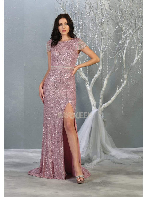 Bateau Evening Gown with Slit - May Queen RQ7848