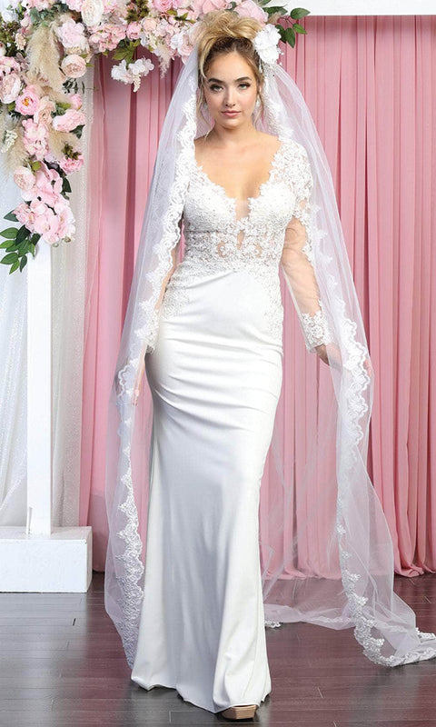 Long Sleeves Low-cut V-neck Wedding Gown - May Queen RQ7901