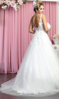 Sleeveless Plunging V-Neckline Wedding Gown - May Queen RQ7902