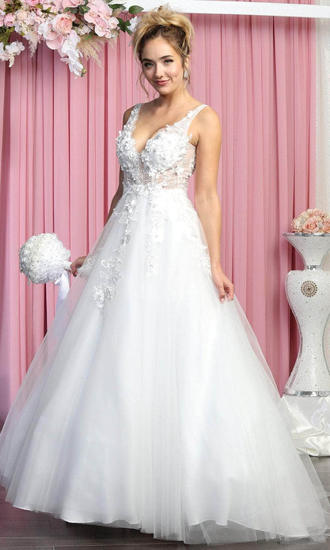 Sleeveless Plunging V-Neckline Wedding Gown - May Queen RQ7902