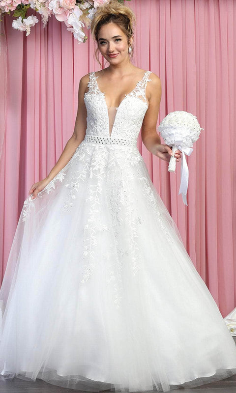 Sleeveless Deep V-neck Wedding Dress - May Queen RQ7903
