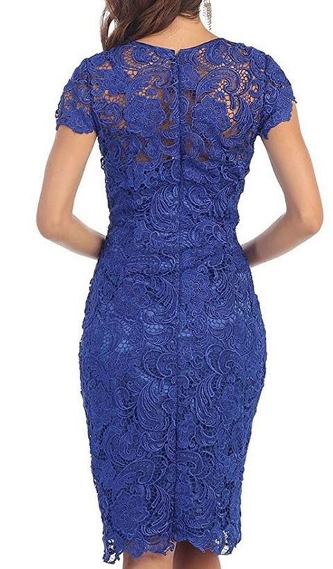 Short Sleeve Sheer Scalloped Lace Formal Dress - May Queen