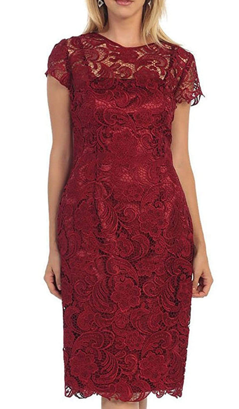 Short Sleeve Sheer Scalloped Lace Formal Dress - May Queen