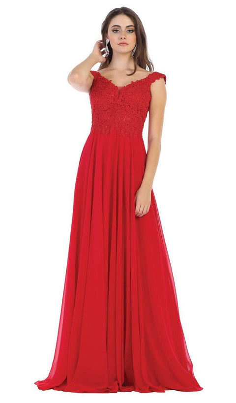 V Neck Lace Applique Chiffon Long Formal Dress - May Queen MQ1602
