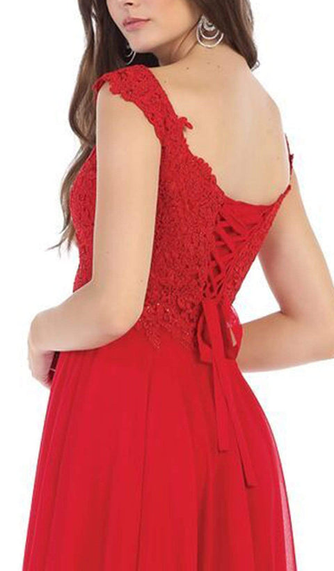 V Neck Lace Applique Chiffon Long Formal Dress - May Queen MQ1602