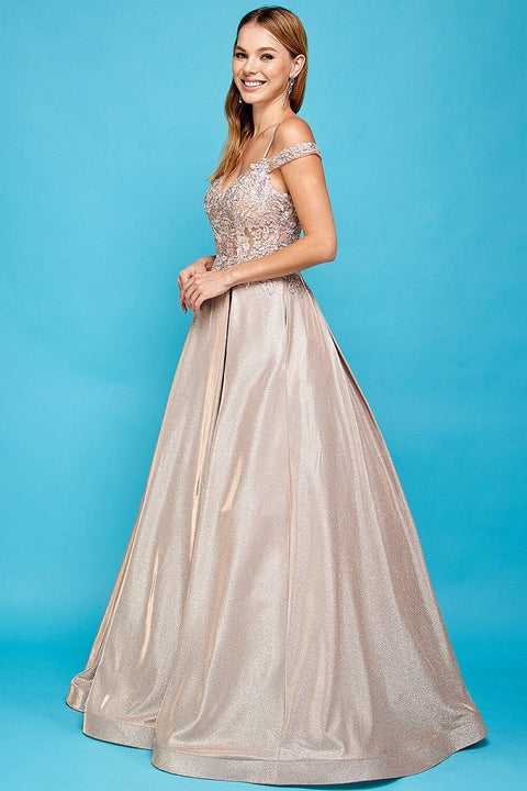 Adora 3007's A-line Gown with Metallic Glitter and Cold Shoulder Design