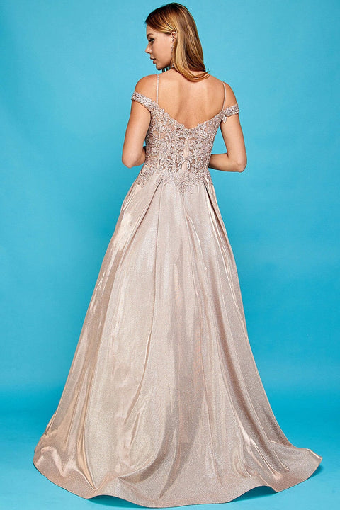 Adora 3007's A-line Gown with Metallic Glitter and Cold Shoulder Design