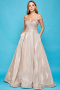 Adora 3007's A-line Gown with Metallic Glitter and Cold Shoulder Design