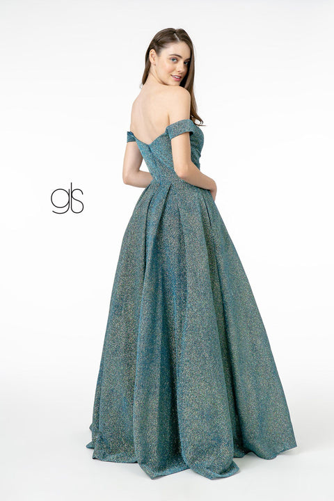 Elizabeth K GL1827's Long Off-Shoulder Dress with Metallic Glitter