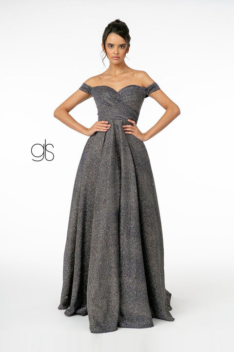 Elizabeth K GL1827's Long Off-Shoulder Dress with Metallic Glitter