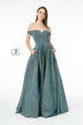 Elizabeth K GL1827's Long Off-Shoulder Dress with Metallic Glitter