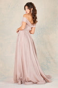 Adora 3100's A-line Gown with Metallic Glitter and Off-Shoulder Design