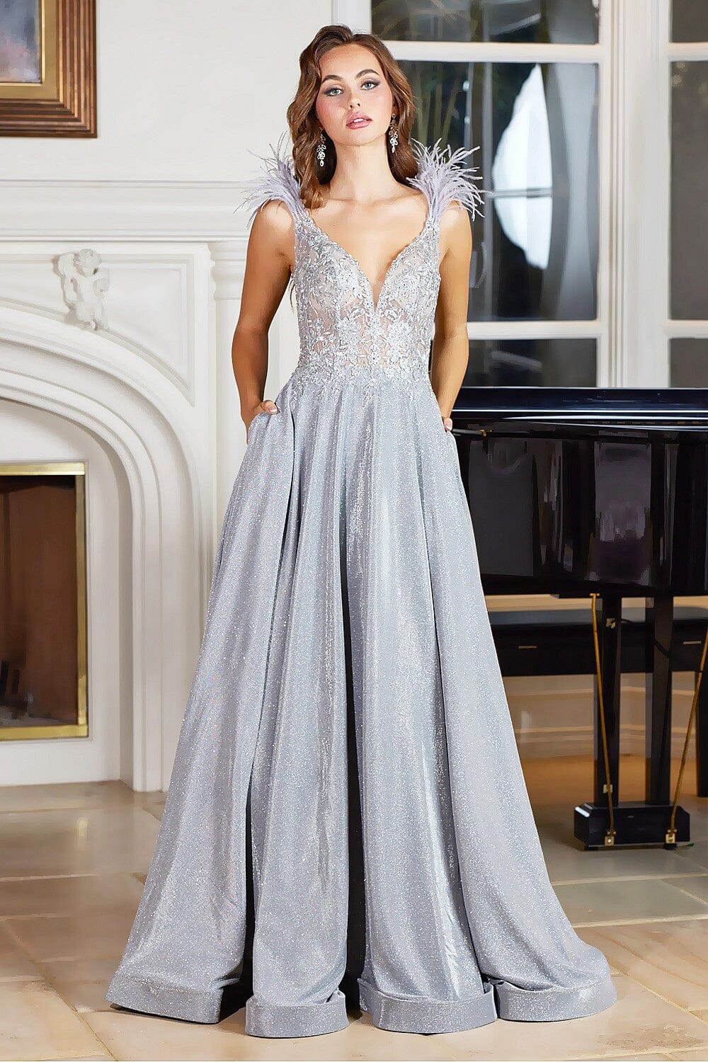 Gleaming Sleeveless Feathered Metallic Gown - Adora 3094 sheerdreamz Gleaming Sleeveless Feathered Metallic Gown - Adora 3094 sheerdreamz