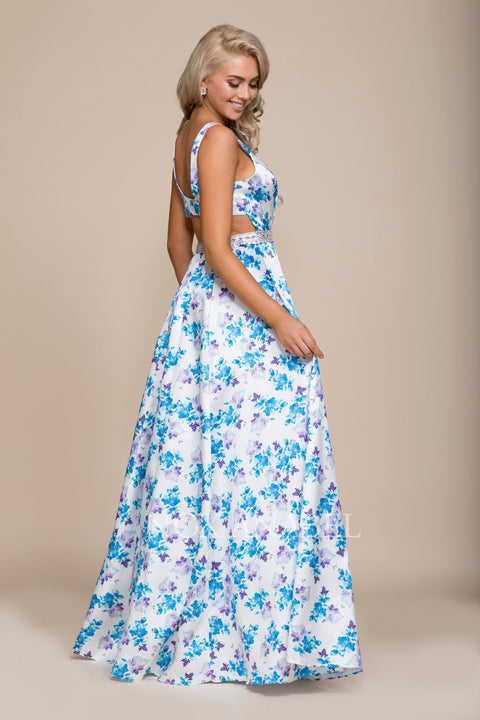 Floral Print Bateau Neckline Open Back Prom Dress 8290 by Nox Anabel
