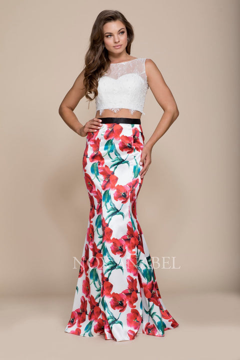 Two Piece Lace Crop Top Dress with Floral Mermaid Skirt 8342 by Nox Anabel