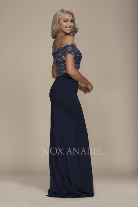 Elegant Off Shoulder Dress with Heavy Beaded Top and Beaded Waistline Skirt C082 by Nox Anabel