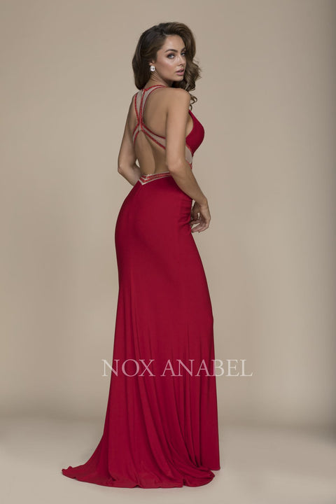 Long Elegant V-Neck Cross Back Prom Dress with Illusion Detail On Bodice E037 by Nox Anabel