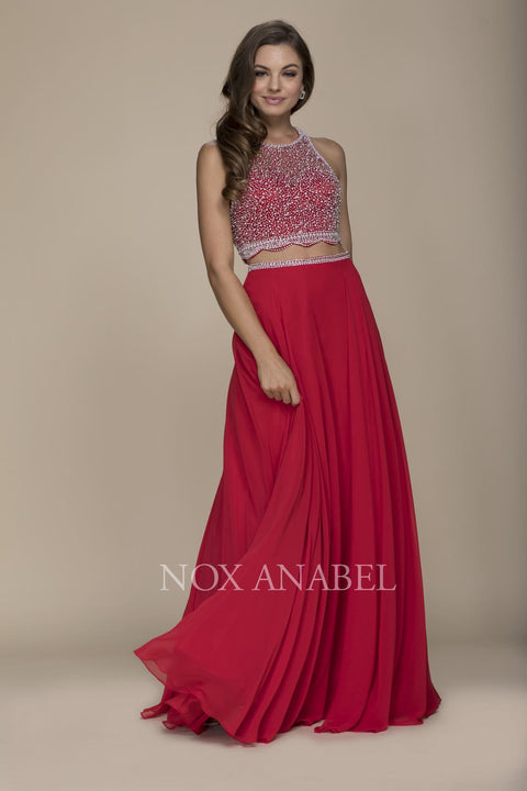Sophisticated Two Piece Beaded Halter Chiffon A-Line Party Dress G095 by Nox Anabel