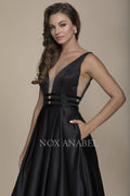 Classical V-Neck Triple Waistband Sleeveless Satin Prom Gown M130 by Nox Anabel
