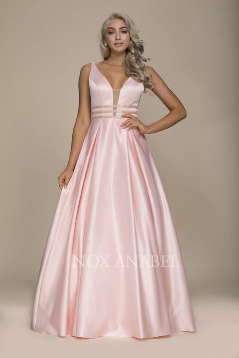 Classical V-Neck Triple Waistband Sleeveless Satin Prom Gown M130 by Nox Anabel