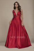 Classical V-Neck Triple Waistband Sleeveless Satin Prom Gown M130 by Nox Anabel
