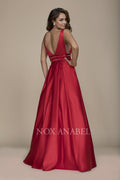 Classical V-Neck Triple Waistband Sleeveless Satin Prom Gown M130 by Nox Anabel
