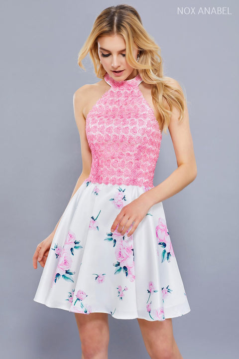 Pink High Halter Neckline Floral Print A-Line Short Dress 6226 By Anabel by Nox Anabel – alternate view 3